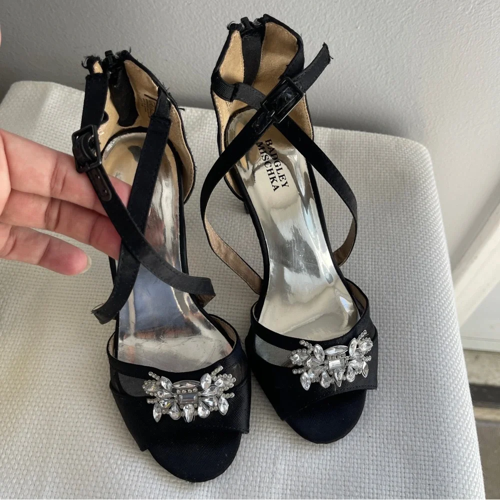 Badgley Mischka Black Strappy Heels with Crystal Accents - Picture 1 of 9